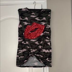 Camo Top with Red Sequin Lips